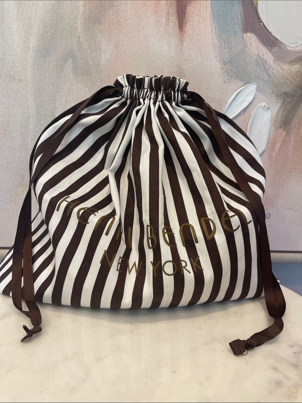 Henri Bendel Brown & White Striped Dustbag with Gold Logo - 15” x 16.5”